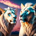 Majestic white lions with vivid blue eyes in dramatic sunset scene