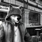 Anthropomorphic wolf character in fur coat with blurred store interior