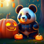 Stylized panda in black costume with pumpkins in autumn setting