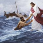 Man in white and red robes rescues another from stormy seas with boat and lightning.