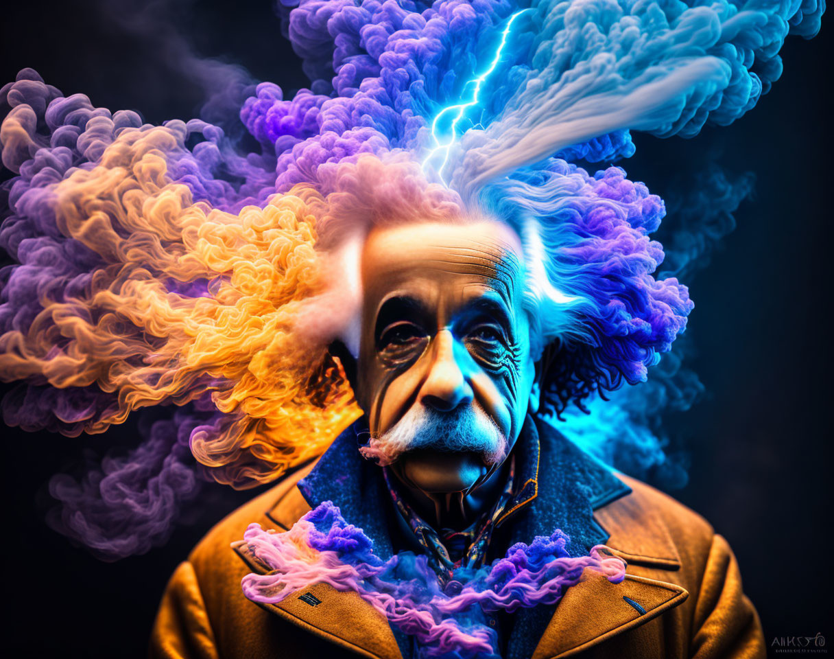 Colorful Artistic Rendition of Figure with Wild Hair and Lightning Bolt