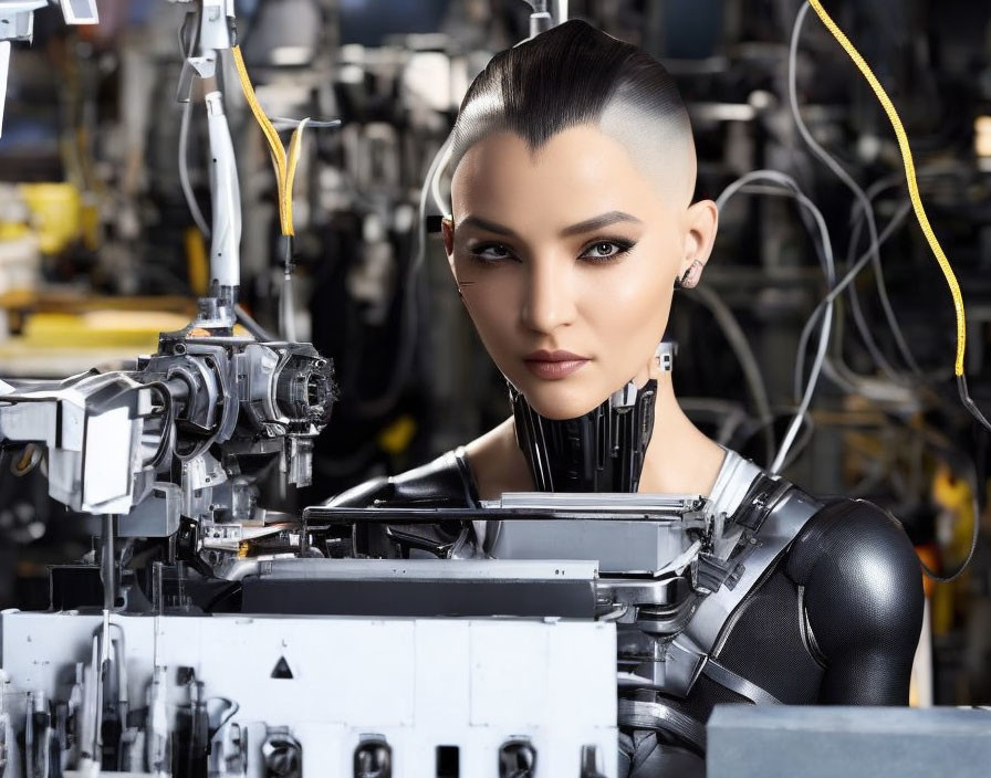 Female humanoid robot with short hair and advanced mechanical parts in industrial setting.