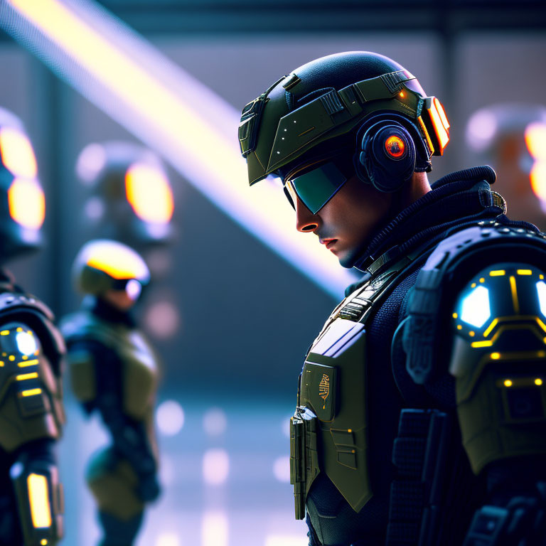 High-tech armored soldiers in illuminated suits under blue lighting