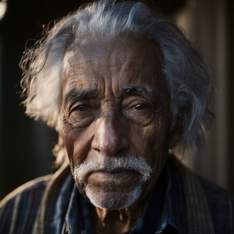 Elderly man with deep-set eyes and gray hair in natural light