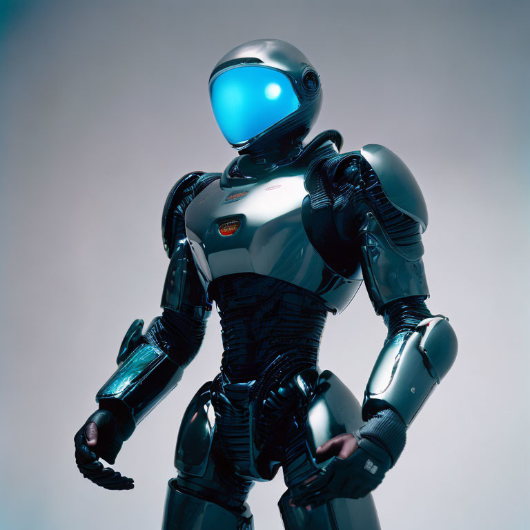 Glossy blue humanoid robot with high-tech body on gradient background