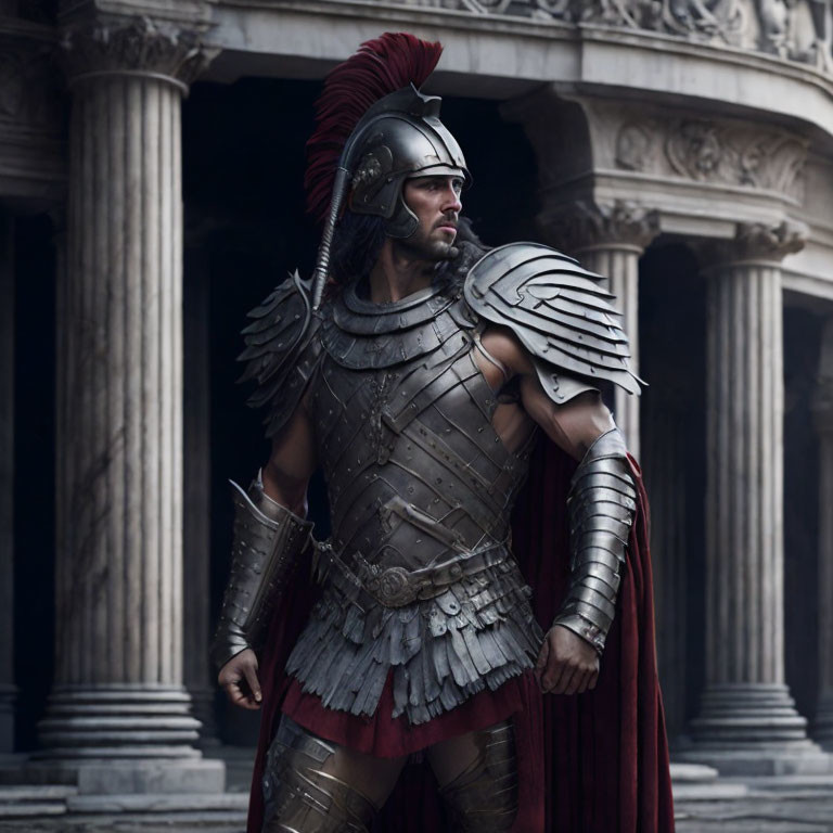 Roman soldier in detailed armor with red cape standing in ancient setting