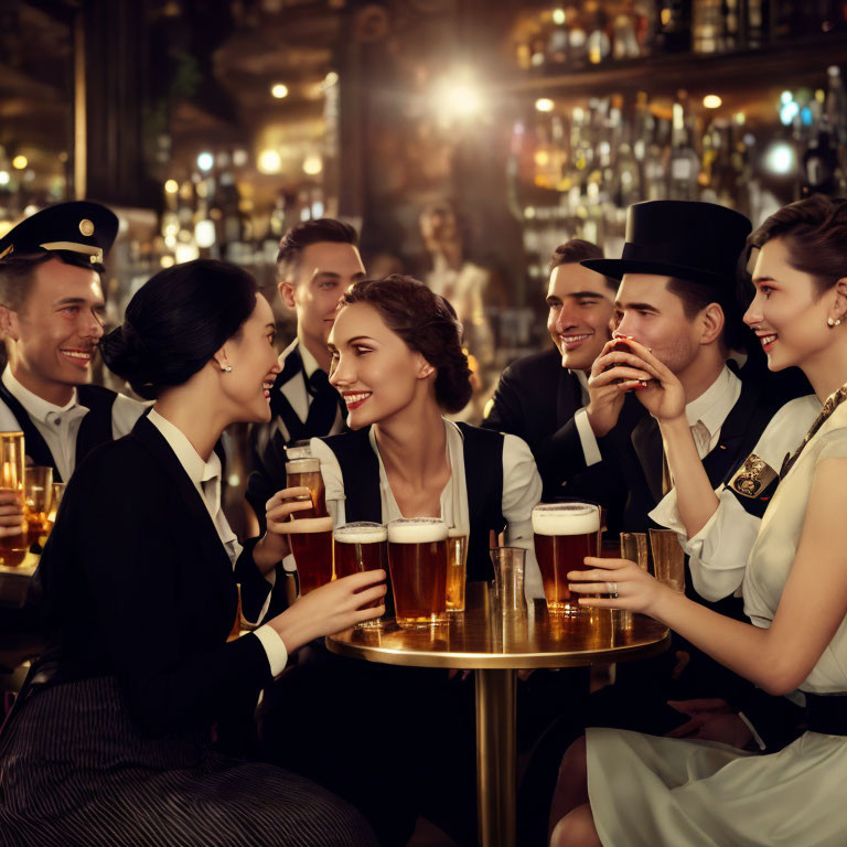 Vintage bar scene with elegantly dressed people enjoying beer and conversation