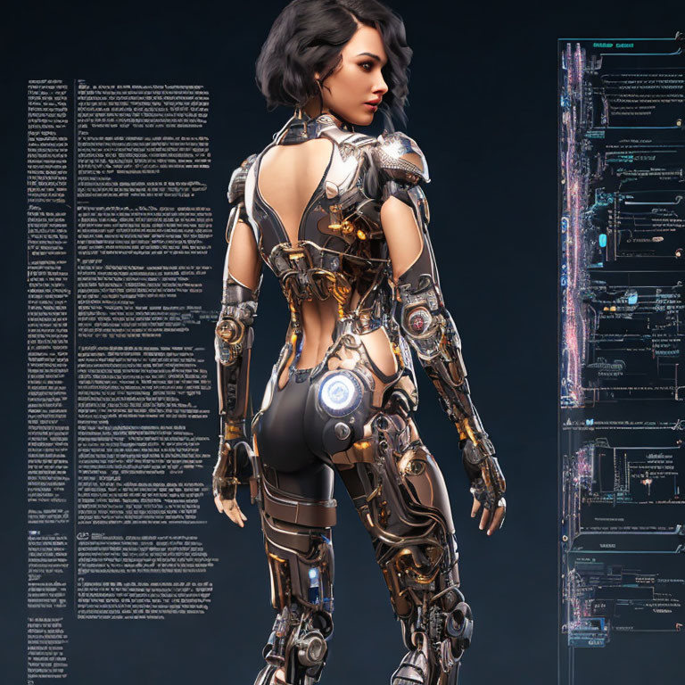 Female Cyborg in Advanced Armor with Mechanical Parts and Technical Background