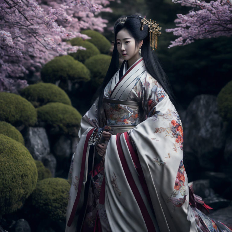 Woman in Floral Kimono Surrounded by Cherry Blossoms