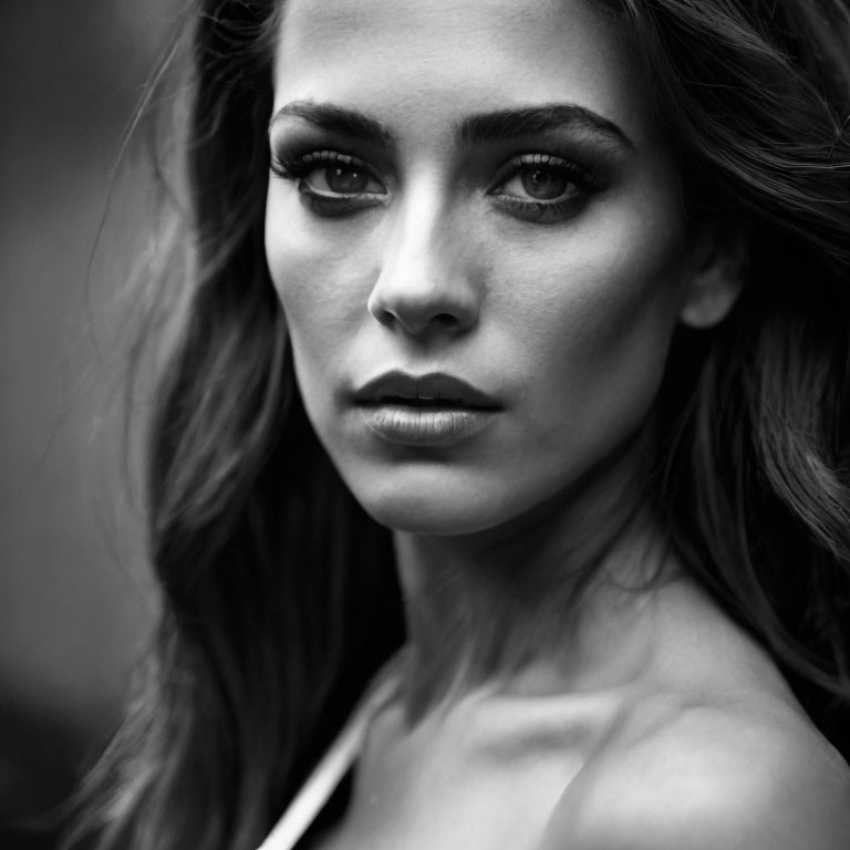 Intense black and white portrait of woman with wavy hair and serious gaze