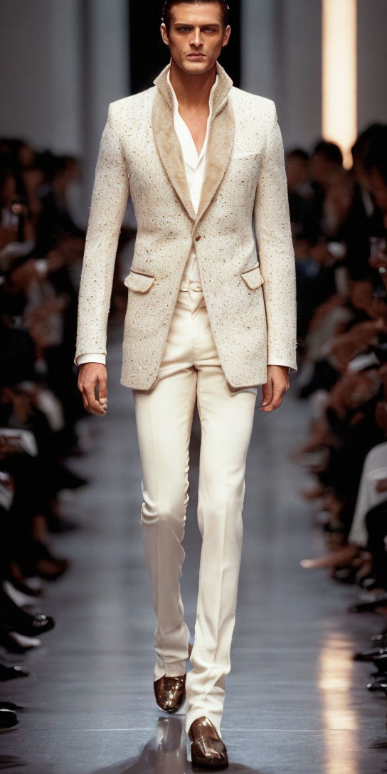 Male Model in Cream Suit with Speckled Pattern and Brown Shoes on Runway