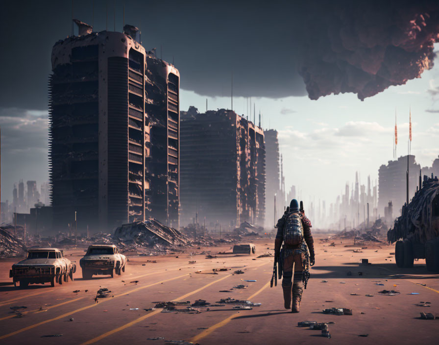 Desolate street scene with lone figure and derelict skyscrapers