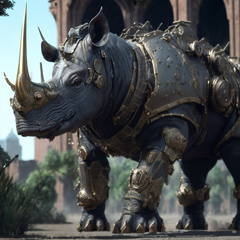 Armored rhinoceros digital art in fantasy setting