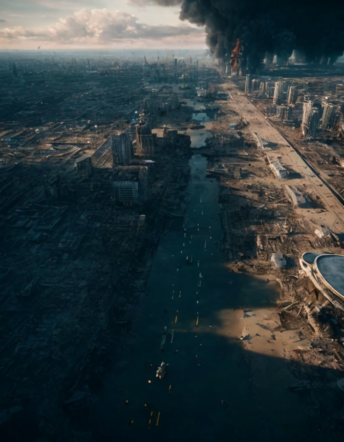 Dystopian cityscape with flooded road, damaged buildings, boats, and smoke