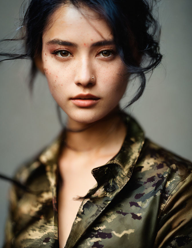 Portrait of person with freckles, blue-streaked hair, camo shirt, intense gaze