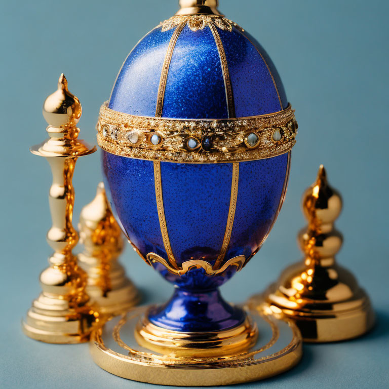 Luxurious Fabergé egg with blue enamel, gold trim, crystals, golden chess pieces on blue