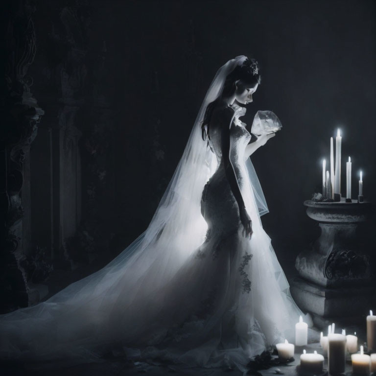 Bride in white gown holding a skull in dimly lit room