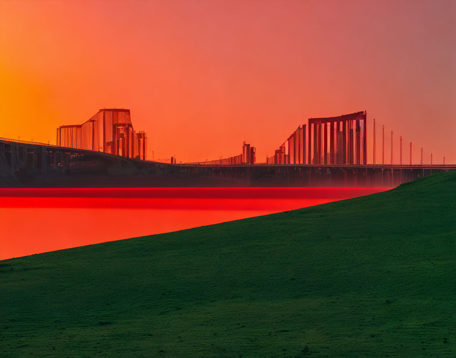 Vivid sunset over dam with red water and green hill