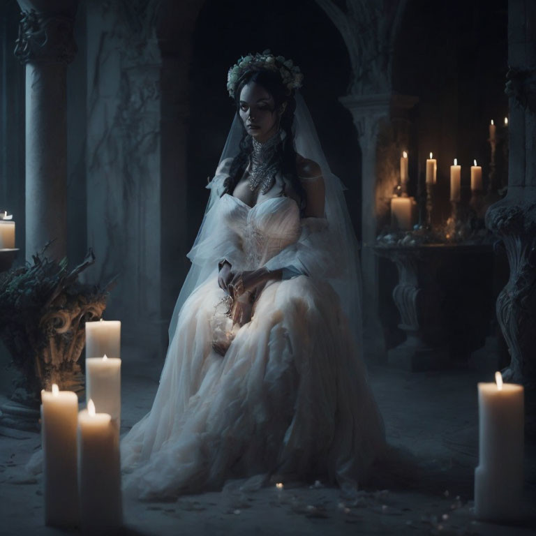 Bride in white gown surrounded by candles in gothic setting