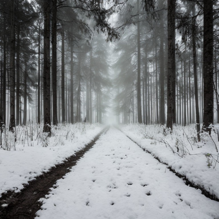 Snow-covered forest path in fog with tall slender trees