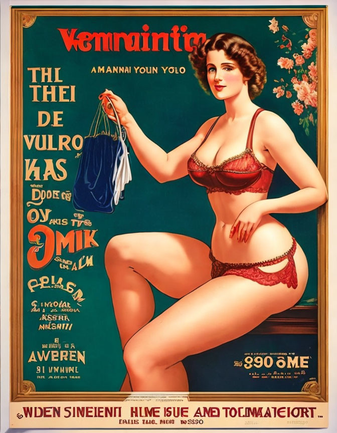 Vintage advertisement poster with woman in red swimwear and blue bag, floral designs.