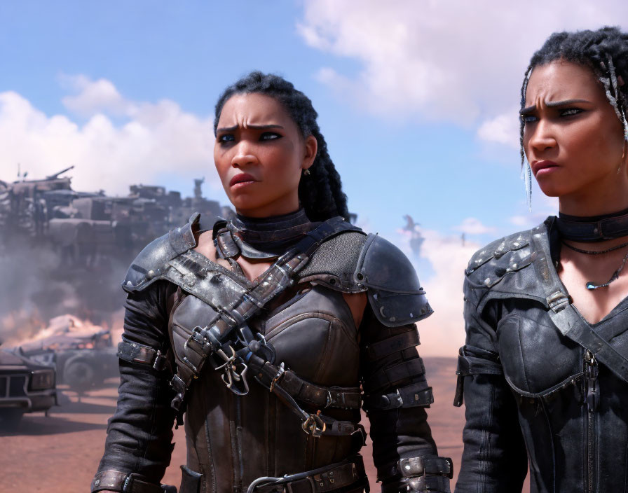 Two Women in Futuristic Armor on Smoky Battlefield with Vehicles