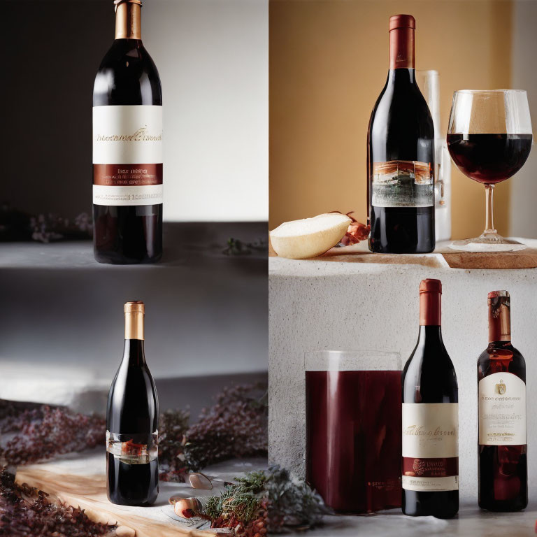 Red wine bottle compositions with glass, spices, and corks on neutral backgrounds