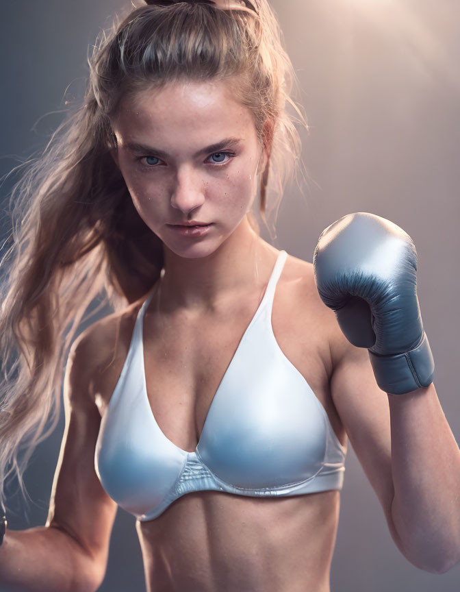 Blonde female boxer in white sports bra and glove gazes intently.