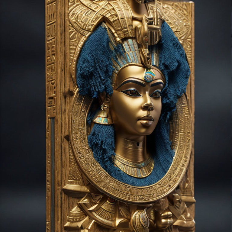 Detailed Egyptian queen sculpture with gold and blue headdress on hieroglyph-engraved panel