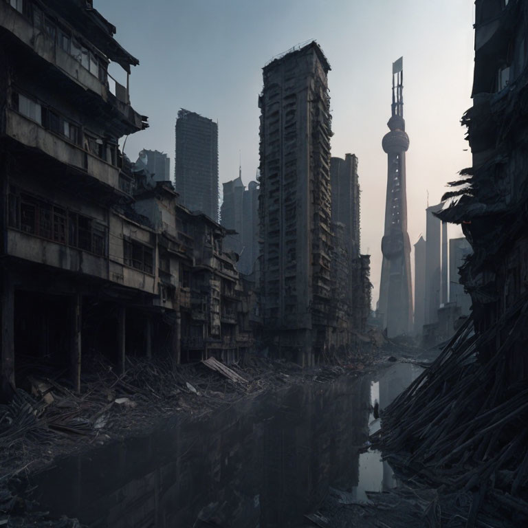 Dystopian cityscape with dilapidated buildings, still water, gloomy sky, and futuristic