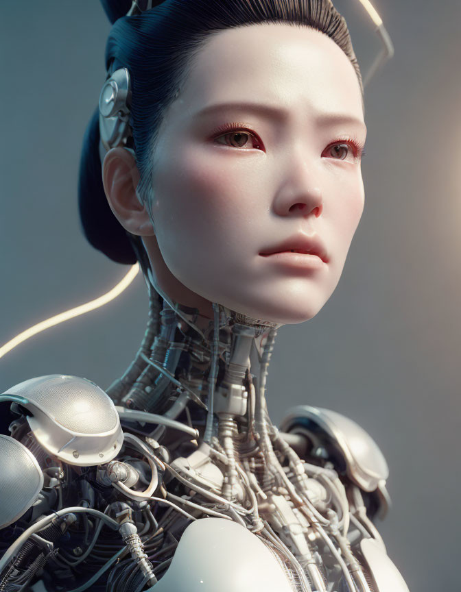 Detailed portrait of female android with human-like face, cybernetic neck, and exposed wiring