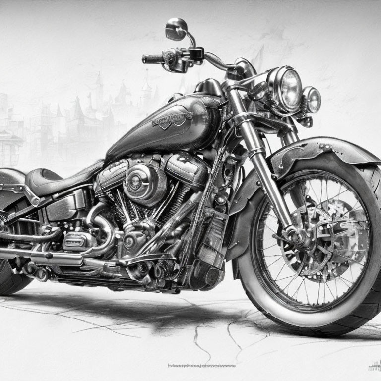 Detailed black and white classic motorcycle sketch with gothic buildings backdrop