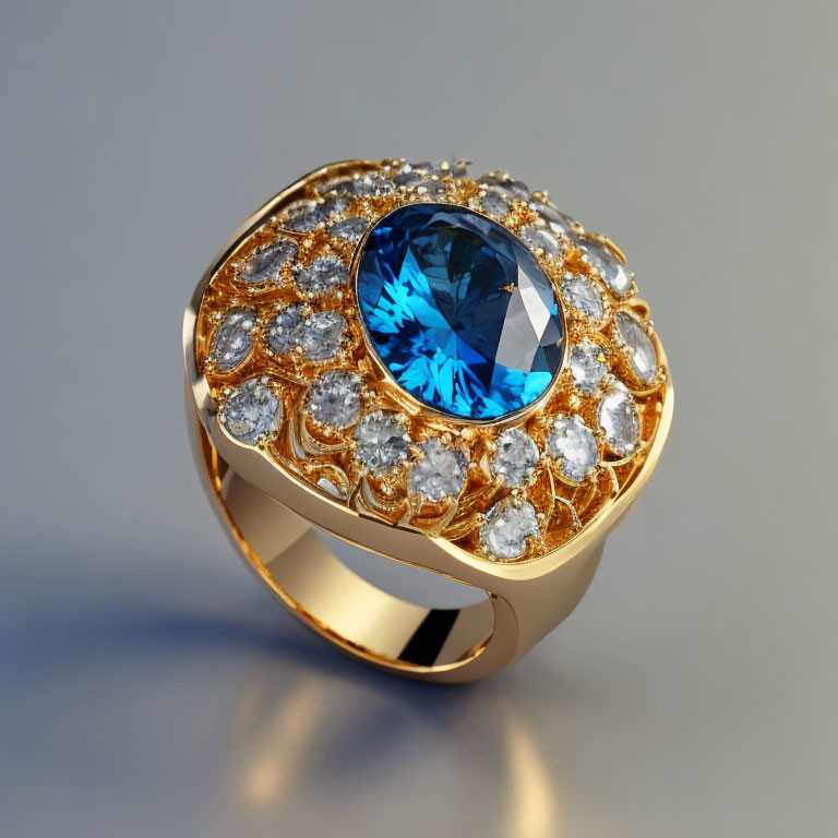 Luxurious golden ring with oval blue gemstone and diamonds in floral design