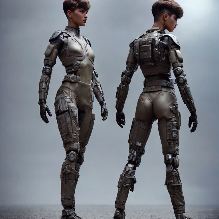 Feminine humanoid robots in sleek body armor under cloudy sky