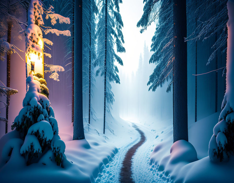 Winter forest scene with snow-covered path and tall trees under warm light