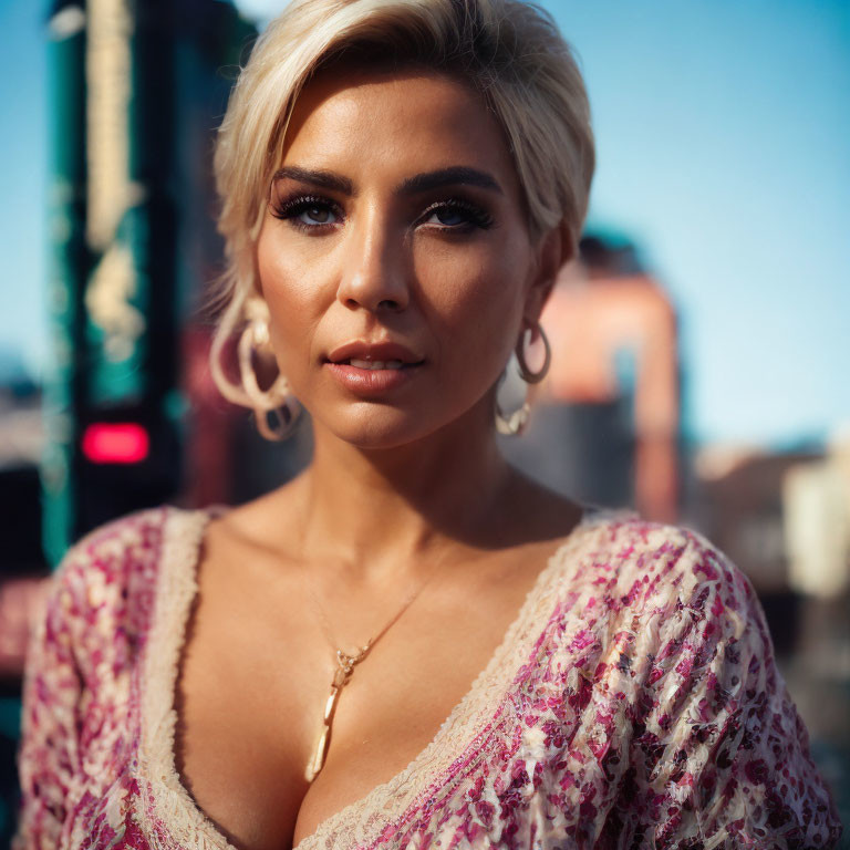 Blonde woman in hoop earrings and floral top with urban bokeh background