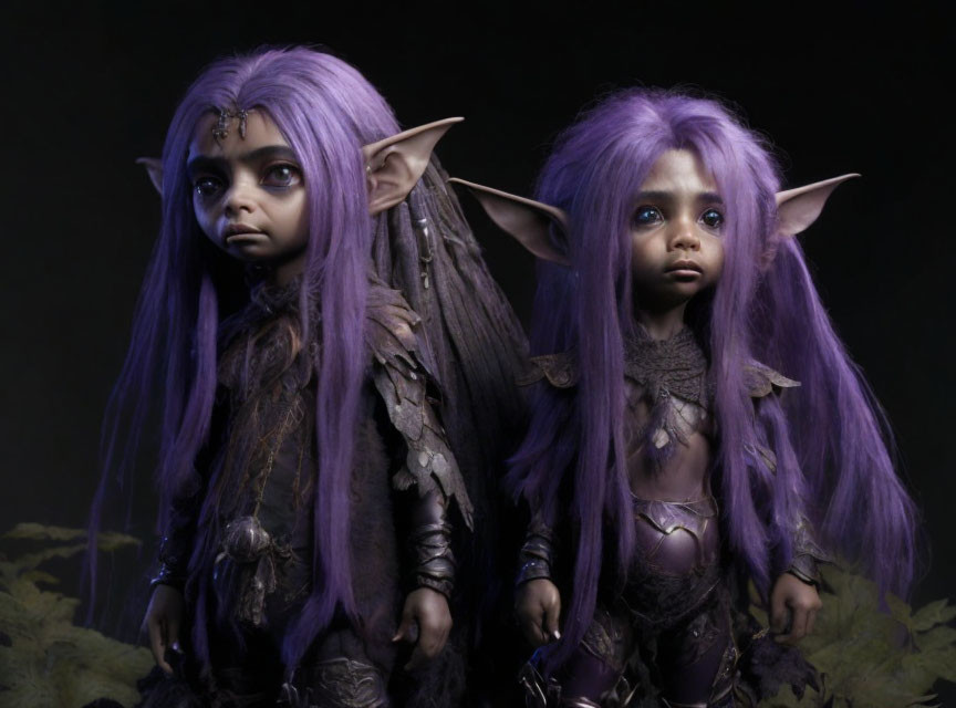 Fantasy creatures with pointed ears and purple hair in dark outfits