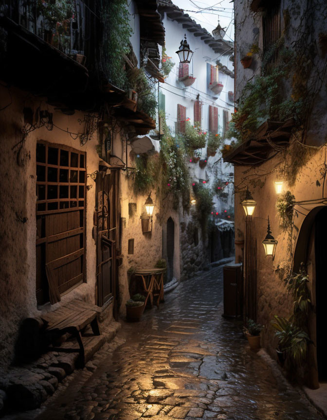 Historic cobblestone alley with lanterns and rustic buildings