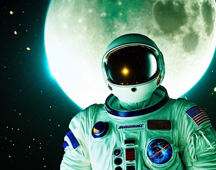 Astronaut in white space suit with moon, stars, and Earth reflection