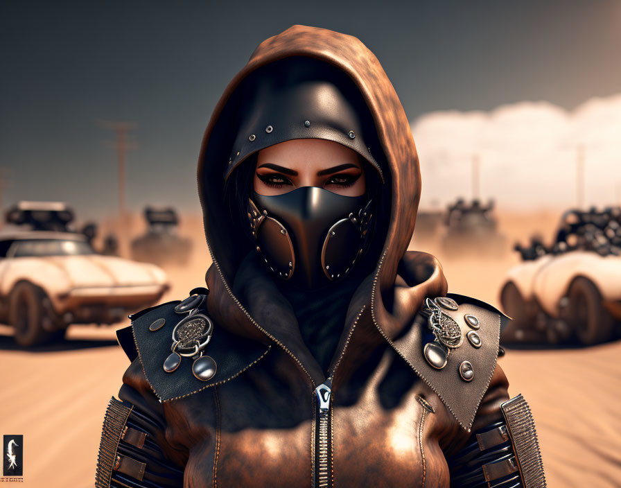 Digital artwork of person in dystopian setting with hooded cloak and face mask in desert backdrop.