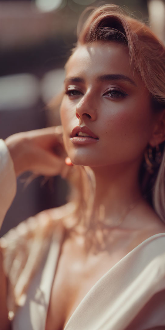 Blonde woman portrait in elegant attire with delicate makeup