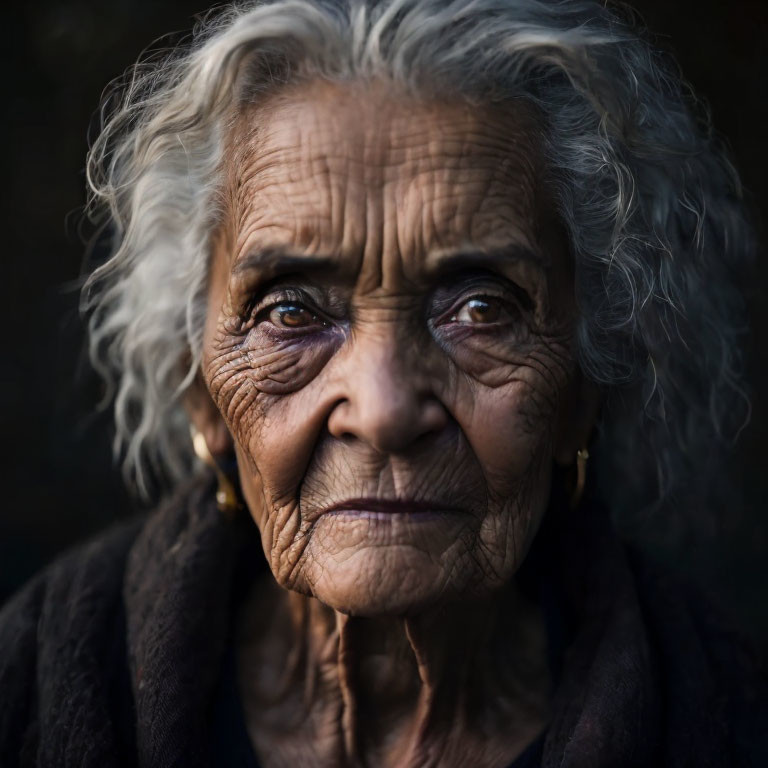 Elderly woman with deep wrinkles and white hair portrait