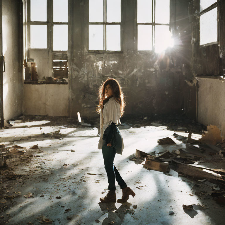 Abandoned room with woman and debris by large windows