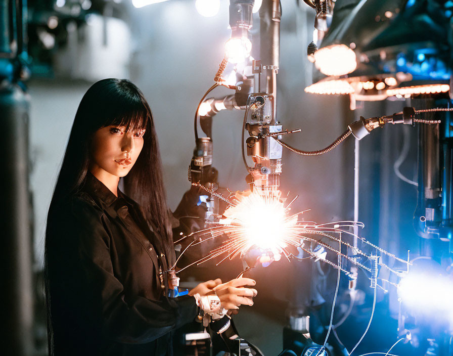 Black-haired woman watching robotic arm weld in industrial setting