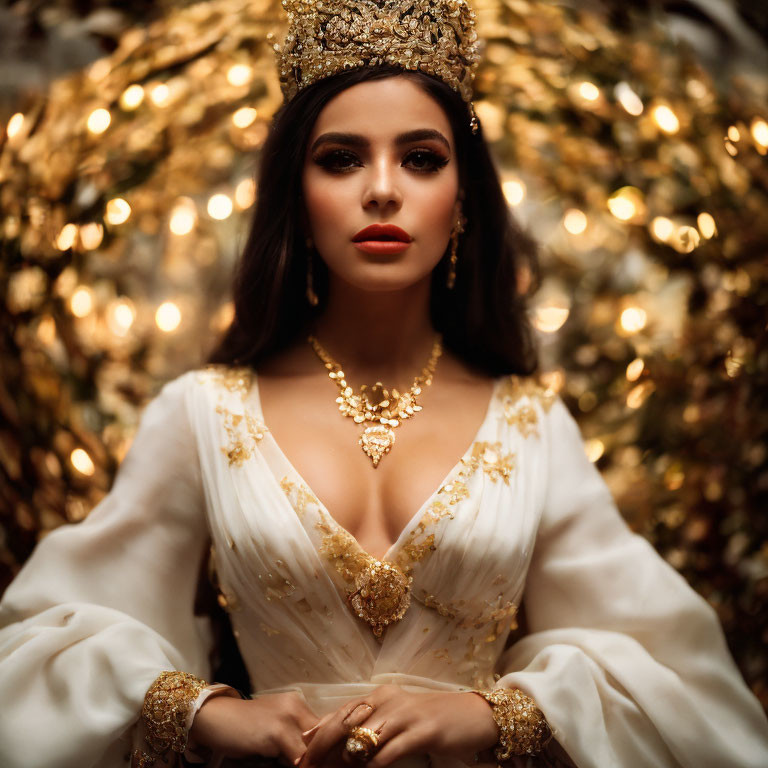 Woman in White and Gold Dress with Tiara and Necklace on Golden Background