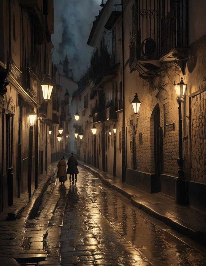 Night scene: Two individuals stroll on rain-soaked cobblestone street under warm streetlights, mist