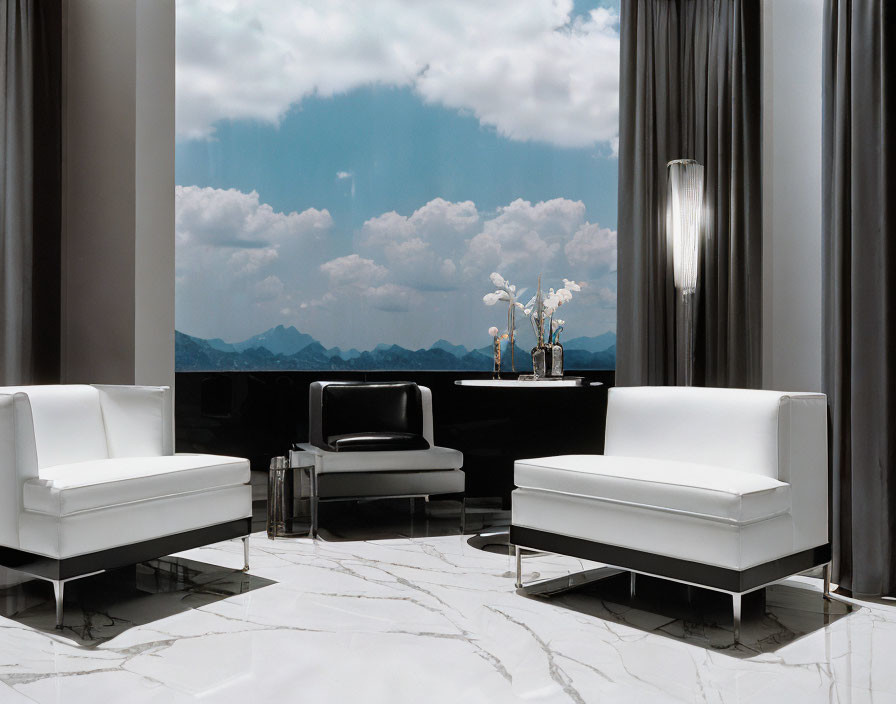 White Armchairs in Modern Living Room with Marble Flooring and Mountain View