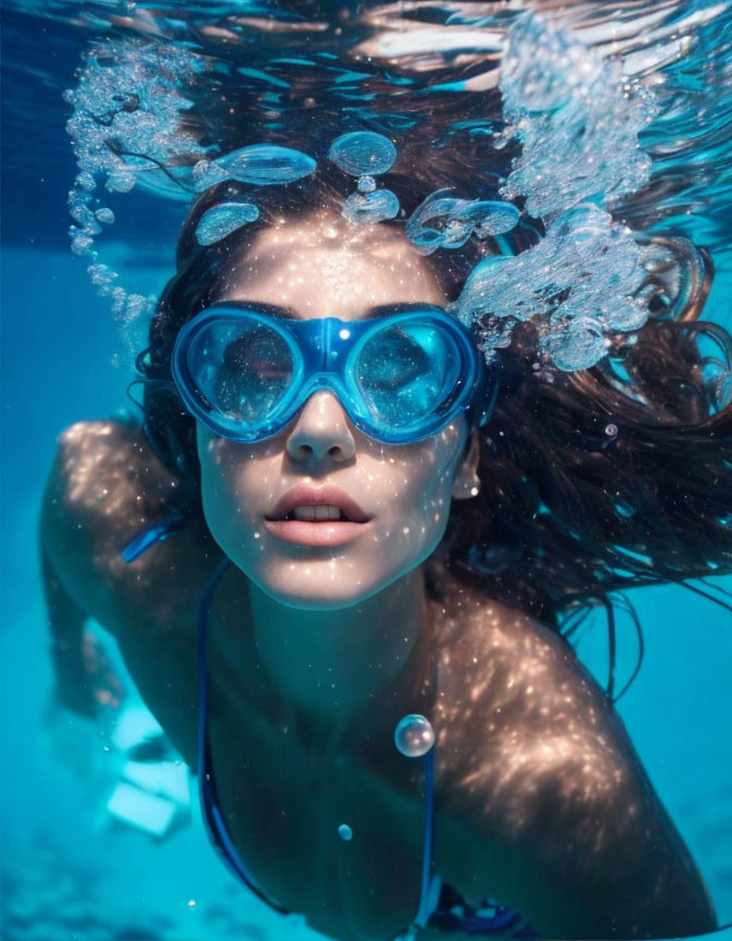 Person with blue goggles underwater surrounded by bubbles