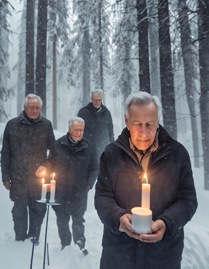 Elderly Men Holding Candles in Snowy Forest