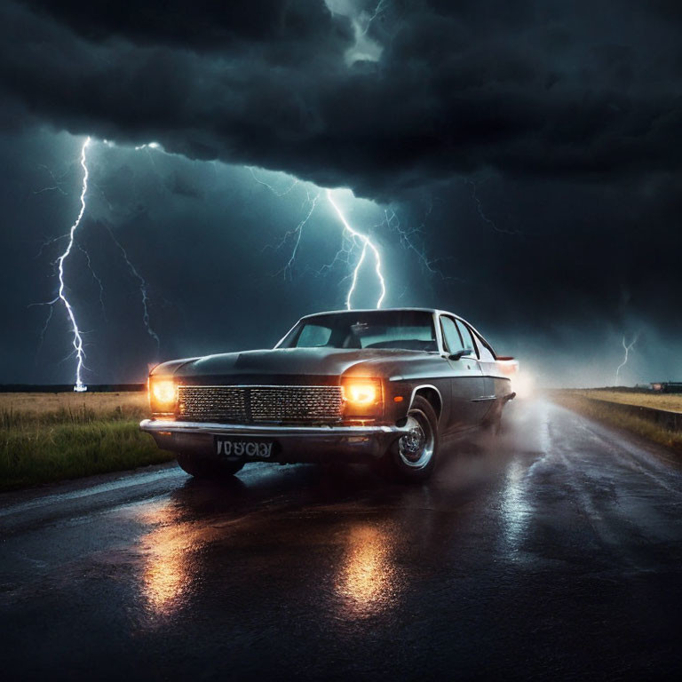 Vintage Car Racing on Wet Road Amid Stormy Sky